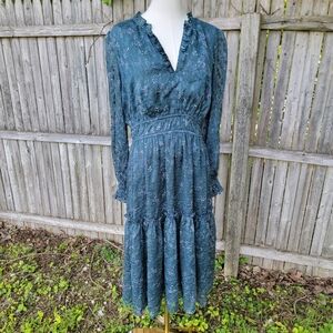 Current Air Anthropolgie Midi Green Ruffle Dress Cottagecore Prairie Large